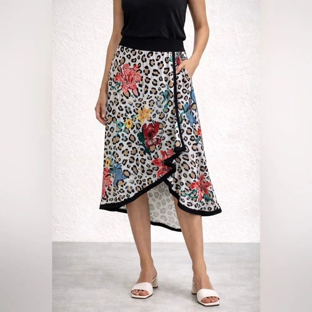 Soft Surroundings Leopard Floral Asym Wrap Skirt Stretch Waist Size PL